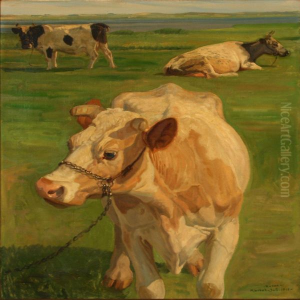 Grazing Cows Near Hjarbaek Fiord, Denmark Oil Painting by Rasmus Christiansen