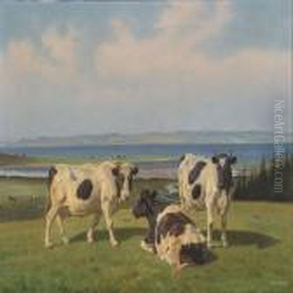 Summer Landscape With Grassing Cows Oil Painting by Rasmus Christiansen