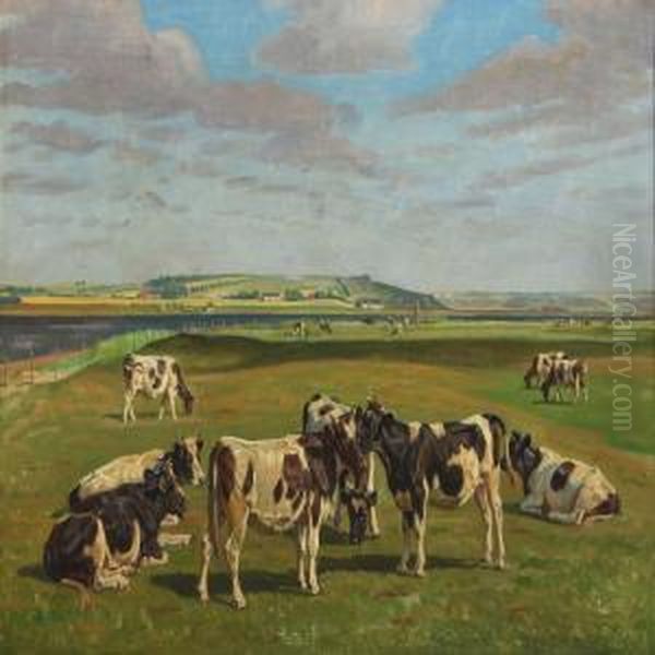 Cows On A Meadow At Hjarbaek Fiord Oil Painting by Rasmus Christiansen