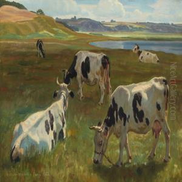 Cows In The Field Oil Painting by Rasmus Christiansen