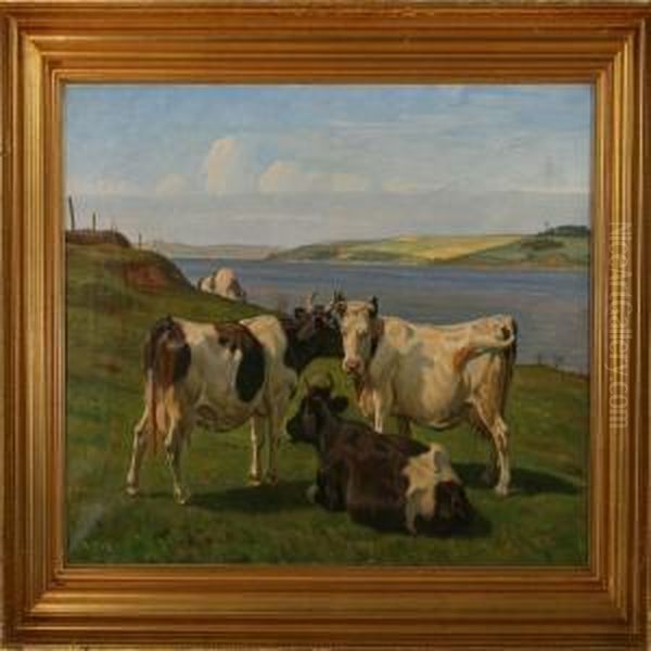 Grazing Cows At Afiord Oil Painting by Rasmus Christiansen