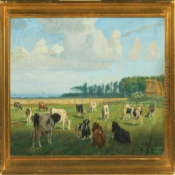 Summer Landscape With Grazing Cattle Oil Painting by Rasmus Christiansen