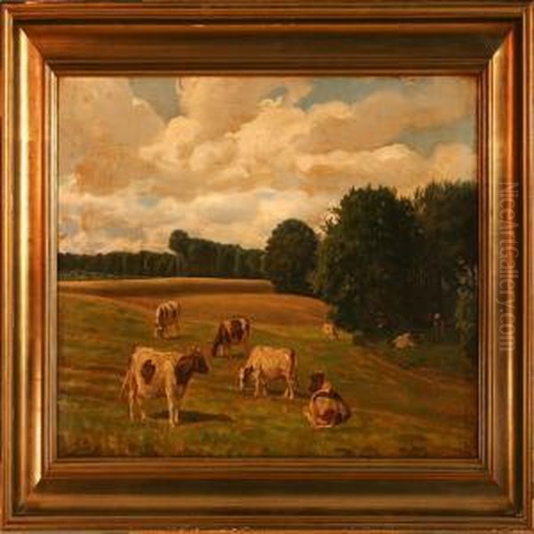 Summer Landscapewith Grazing Cows Oil Painting by Rasmus Christiansen