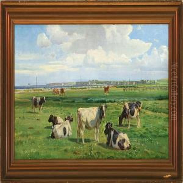 Cows And Horses On A Field Oil Painting by Rasmus Christiansen