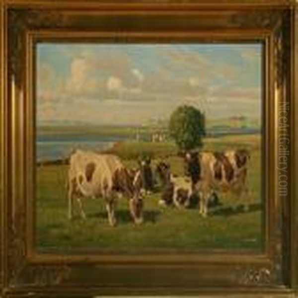 Landscape With Grazing Cows Oil Painting by Rasmus Christiansen