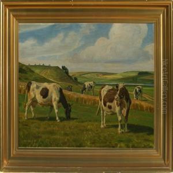 Cows On The Field Oil Painting by Rasmus Christiansen