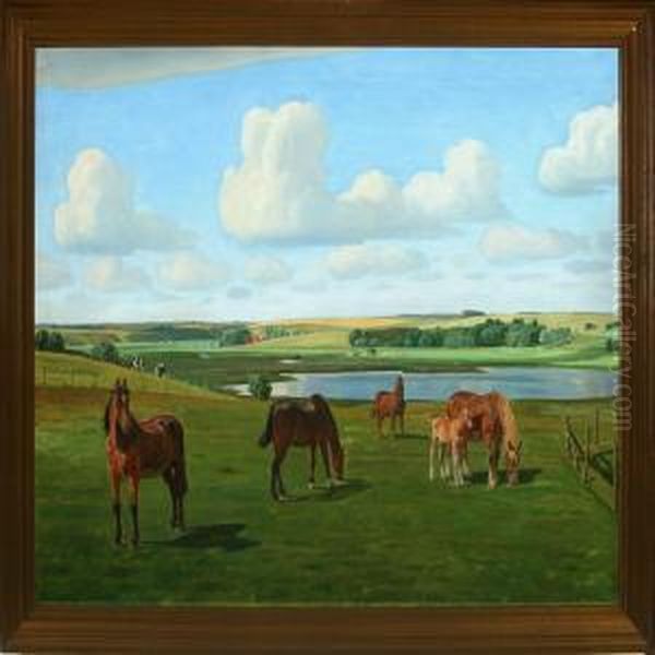 Horses On The Field Oil Painting by Rasmus Christiansen