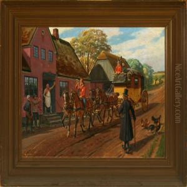 The Postwagon Arrives At The Inn Oil Painting by Rasmus Christiansen