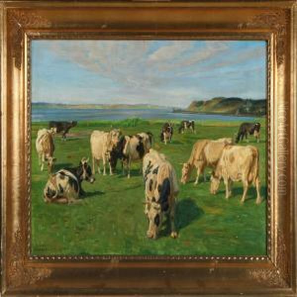 Bulls By Hjarbaek Inlet Oil Painting by Rasmus Christiansen