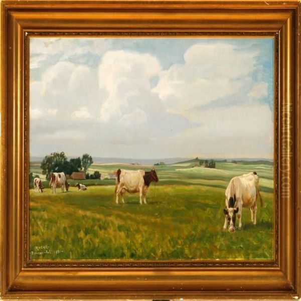 Cows On A Fieldnear Benzon Manor Oil Painting by Rasmus Christiansen