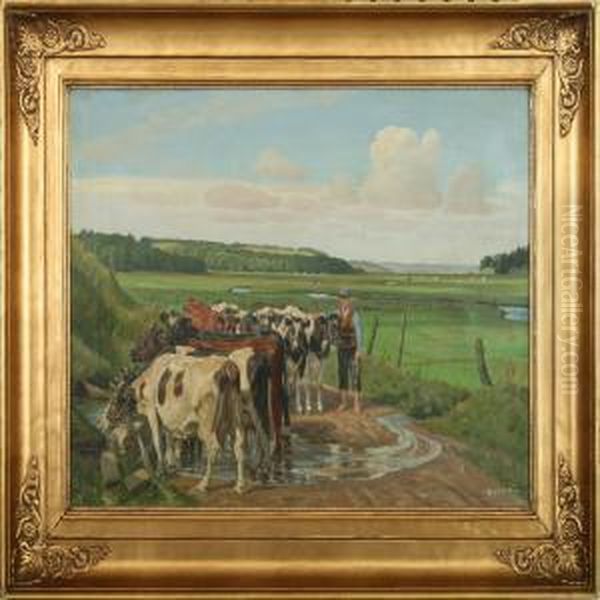 Landscapewith Aboy And Cows Oil Painting by Rasmus Christiansen