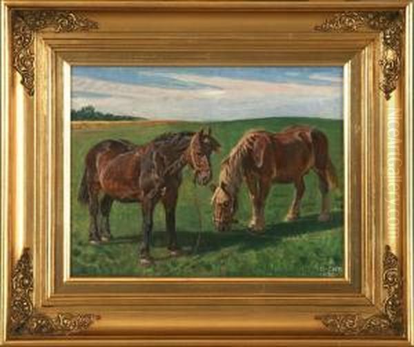 Horses At The Field Oil Painting by Rasmus Christiansen