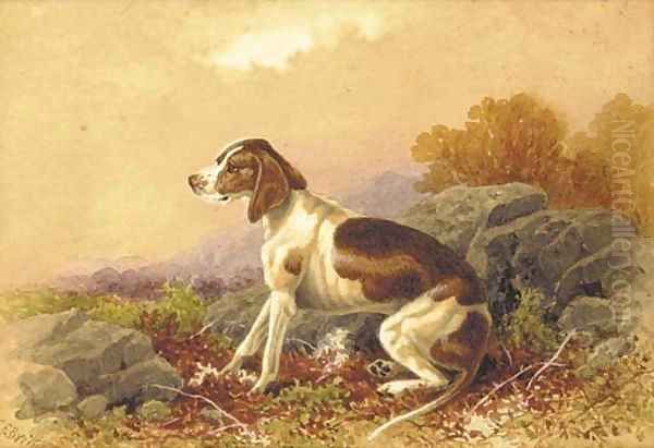 A seated hound in a landscape Oil Painting by Charles Edward Snr Brittan