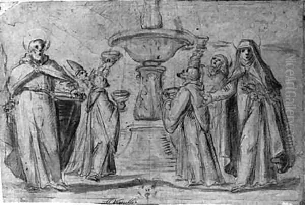 Saints gathering water from a fountain, Saint Paul and Saint Catherine standing in the foreground Oil Painting by Fabrizio Boschi