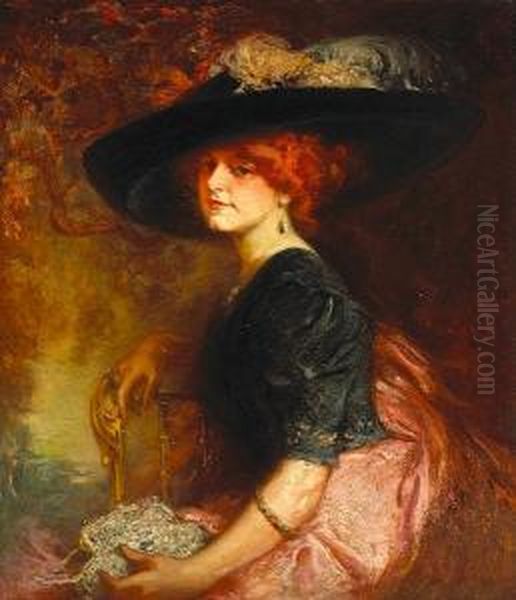 A Seated Lady Wearing A Feathered Hat, 1909 Oil Painting by Howard Chandler Christy