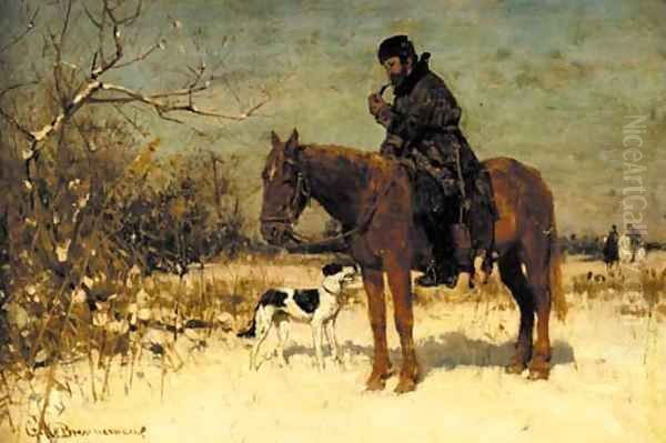 A horseman and his dog in a snowy landscape Oil Painting by George W Brennemann