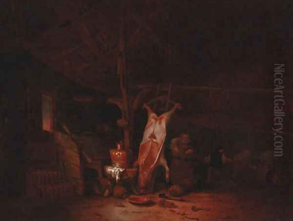 The interior of a barn, with a slaughtered pig, a maid and two fighting peasants Oil Painting by Hendricksz. Bogaert