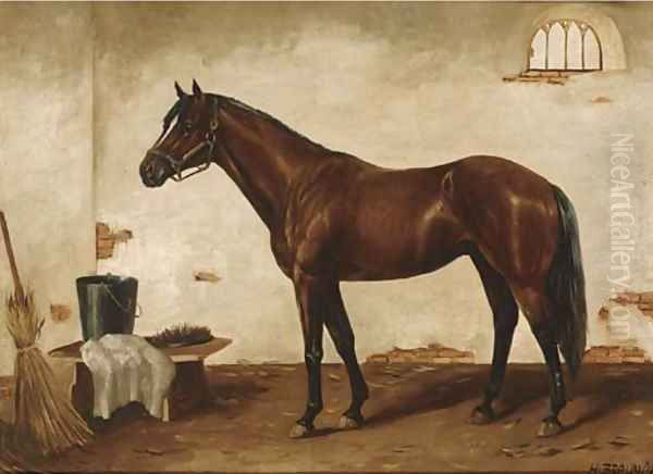 A bay hunter in a stable Oil Painting by Henri Braun