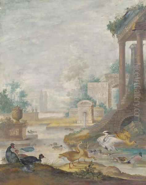 A classical landscape with wildfowl Oil Painting by Johannes Bronkhorst