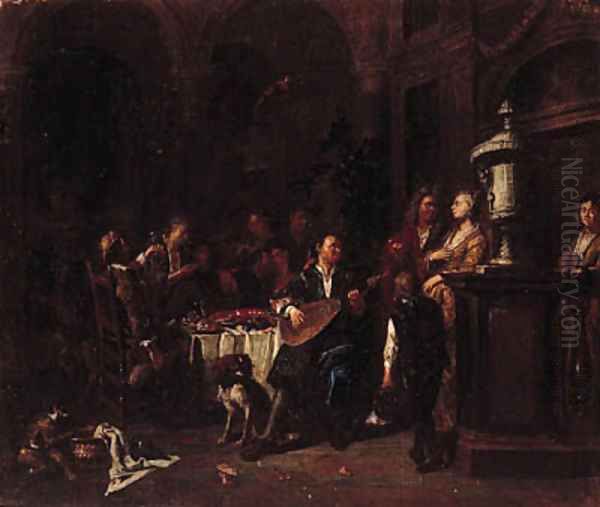 Elegant company making music and dining on a roof terrace Oil Painting by Maximilian Blommaerdt