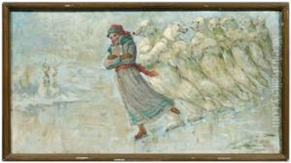 Woman Skating With A Line Of Polar Bears Oil Painting by Frederick Stuart Church