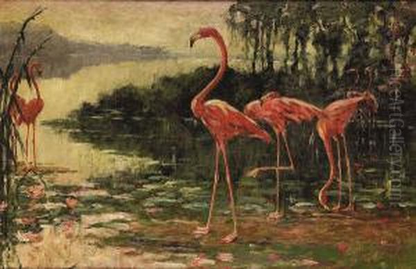 Flamingoes In A Florida Landscape Oil Painting by Frederick Stuart Church