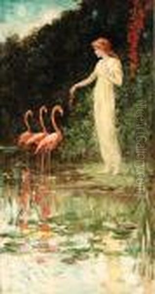 Standing Woman With Three Pink Flamingos Oil Painting by Frederick Stuart Church