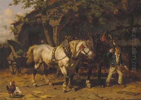 Leading out the cart horses Oil Painting by Willem Jacobus Boogaard