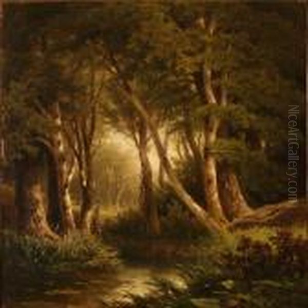 Forest Glade With A Serpentine Stream Oil Painting by Adolf Chwala