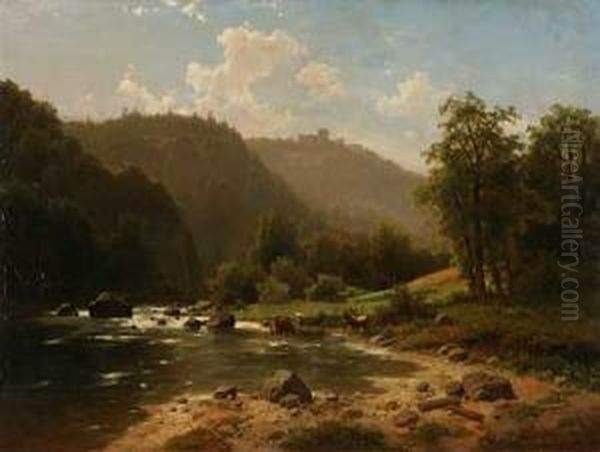 Hirtin Mit Vieh An Der Tranke Am Fuse Einer Burgruine Oil Painting by Adolf Chwala