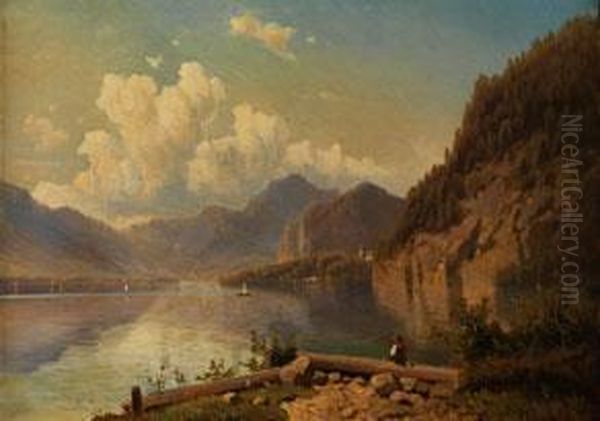 Gebirgssee Im Spatlicht Unter Hohen Wolken Oil Painting by Adolf Chwala