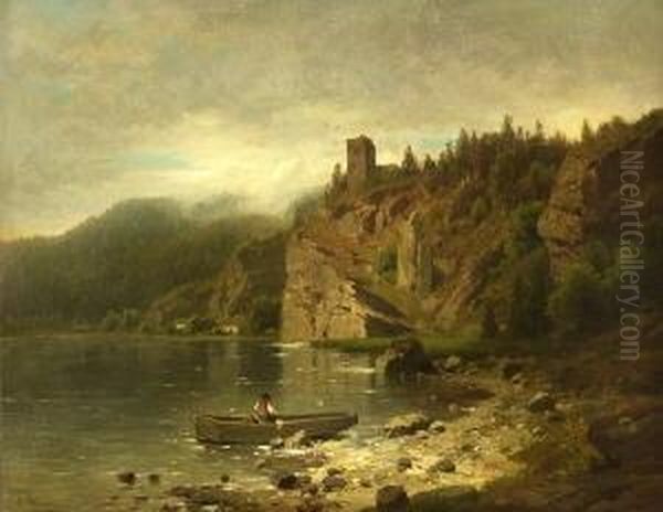 Gebirgssee Mit Burgruine. Oil Painting by Adolf Chwala