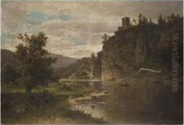 The Raven Tower Near Frain On The River Thaya, Lower Austrai Oil Painting by Adolf Chwala