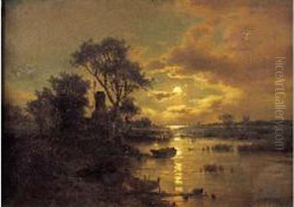 Paysage Au Moulin Et Clair De Lune Oil Painting by Adolf Chwala