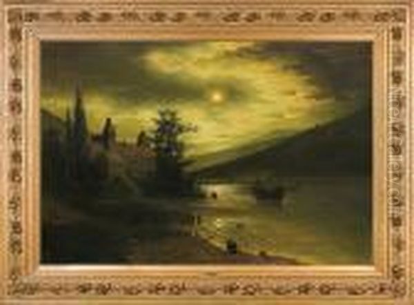 Nocture With A Castle Over The Lake Oil Painting by Fritz Chwala