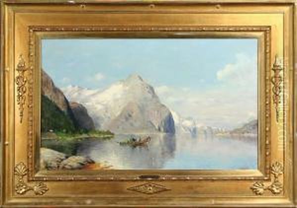 Norskt Fjordlandskap, Signerad Oil Painting by Fritz Chwala