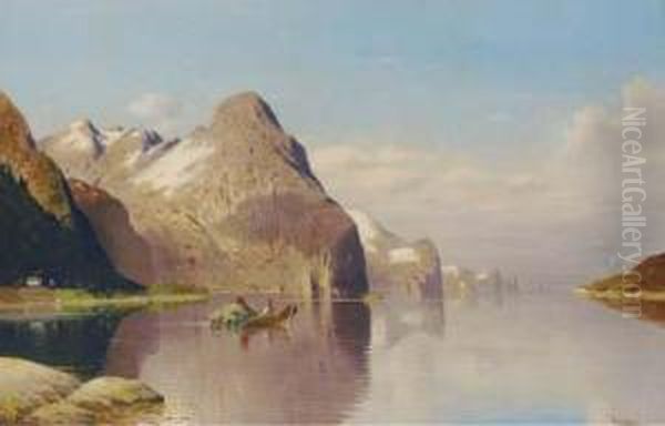 Rowing Hay Across The Fjord Oil Painting by Fritz Chwala