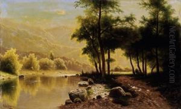 Riverside Landscape Oil Painting by Fritz Chwala