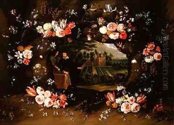 Garland of Flowers Encircling a Medallion Representing Nicolas de Man in front of his Property at Antwerp Oil Painting by Jan & Uden, Lucas Brueghel