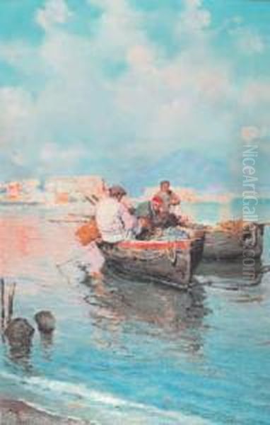 Barche Di Pescatori Nel Golfo Di Napoli Oil Painting by Giuseppe Giardiello