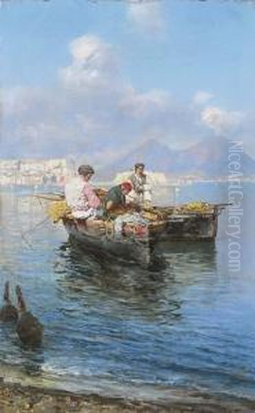 Barche E Pescatori Nel Golfo D Napoli Oil Painting by Giuseppe Giardiello