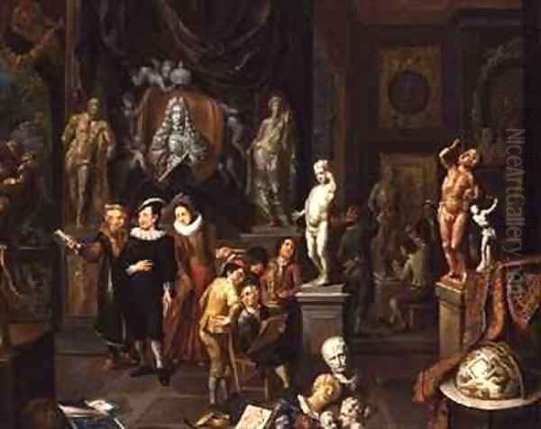 An Elegant Couple Visiting a Sculpture Gallery Oil Painting by Balthasar Van Den Bossche