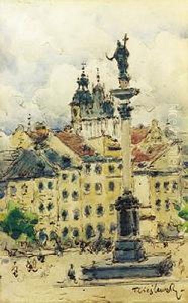 Widok Na Kolumne Zygmunta I Katedre W Warszawie Oil Painting by Tadeusz Ii Cieslewski