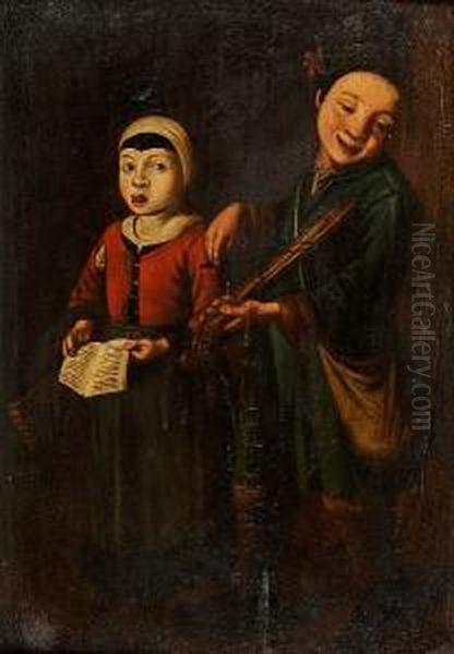 A Young Girl Singing With A Young Boy Playing Oil Painting by Antonio Cifrondi