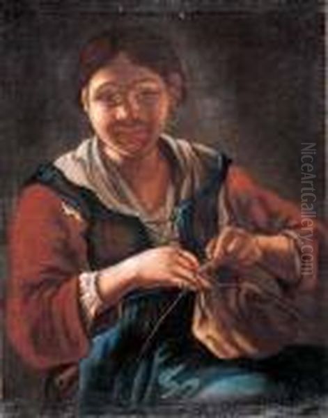 Giovane Donna Che Lavora A Maglia Oil Painting by Antonio Cifrondi