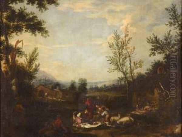 Peasant Families In Italianate Landscapes Oil Painting by Vittorio Amedeo Cignaroli