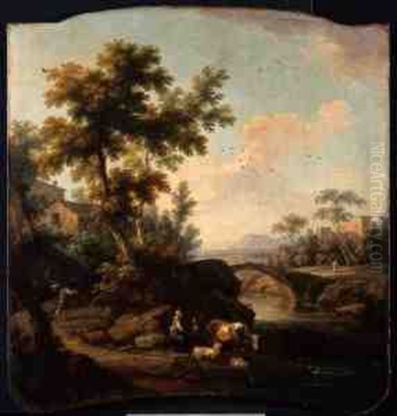 Paesaggio Fluviale Con Pastori,armenti E Ponte Di Pietra In Lontananza Oil Painting by Vittorio Amedeo Cignaroli