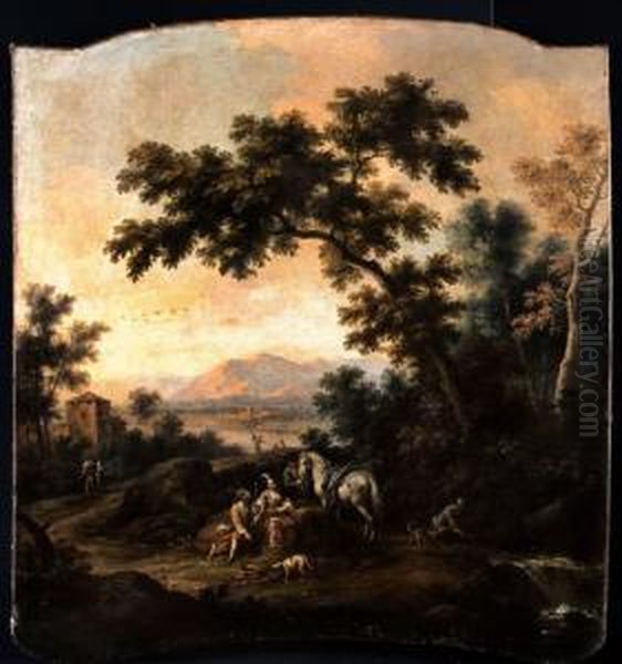 Paesaggio Fluviale Con Donnaelegante E Contadini Oil Painting by Vittorio Amedeo Cignaroli