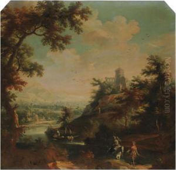 Paesaggio Con Viandanti Lungo Un Fiume, Un Edificio Turrito Sullarocca Oil Painting by Vittorio Amedeo Cignaroli