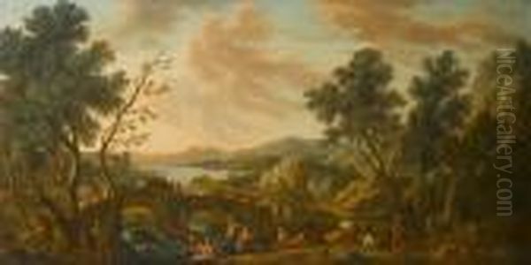 An Extensive River Landscape 
With Figures Resting On The Banks In The Foreground And Travellers 
Crossing A Bridge Beyond Oil Painting by Vittorio Amedeo Cignaroli